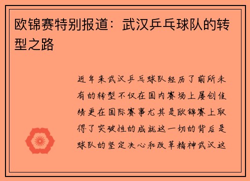 欧锦赛特别报道：武汉乒乓球队的转型之路