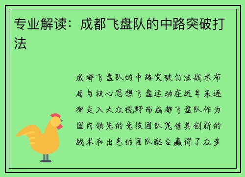 专业解读：成都飞盘队的中路突破打法
