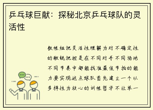 乒乓球巨献：探秘北京乒乓球队的灵活性